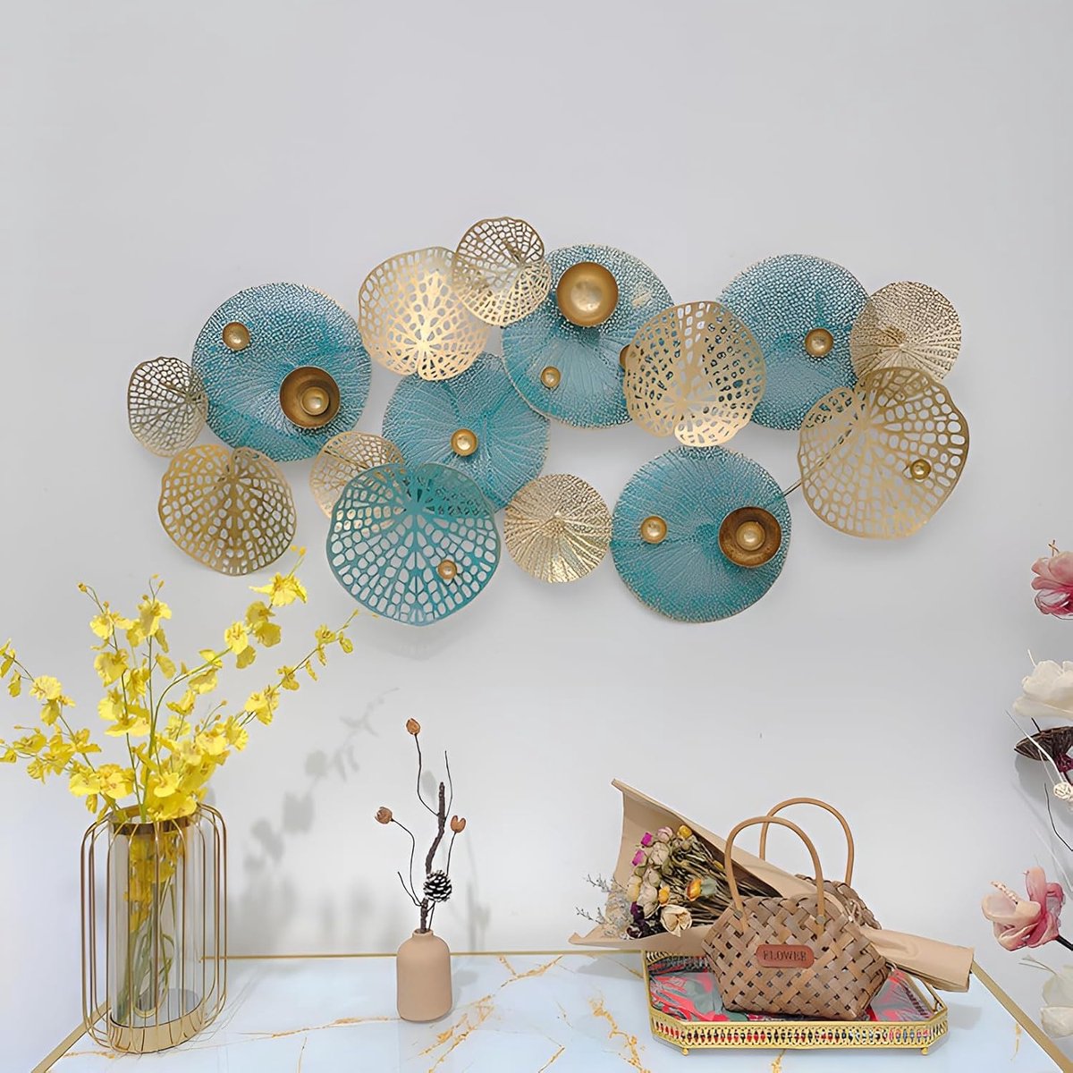 Wanddecoratie Metaal - Lotus Bloemen - Woonkamer - Goud Turquoise - 125x60cm