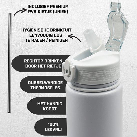 Witte dubbelwandige thermosfles met openklapbare dop en rietje. Inclusief RVS rietje en schoonmaakborstel.