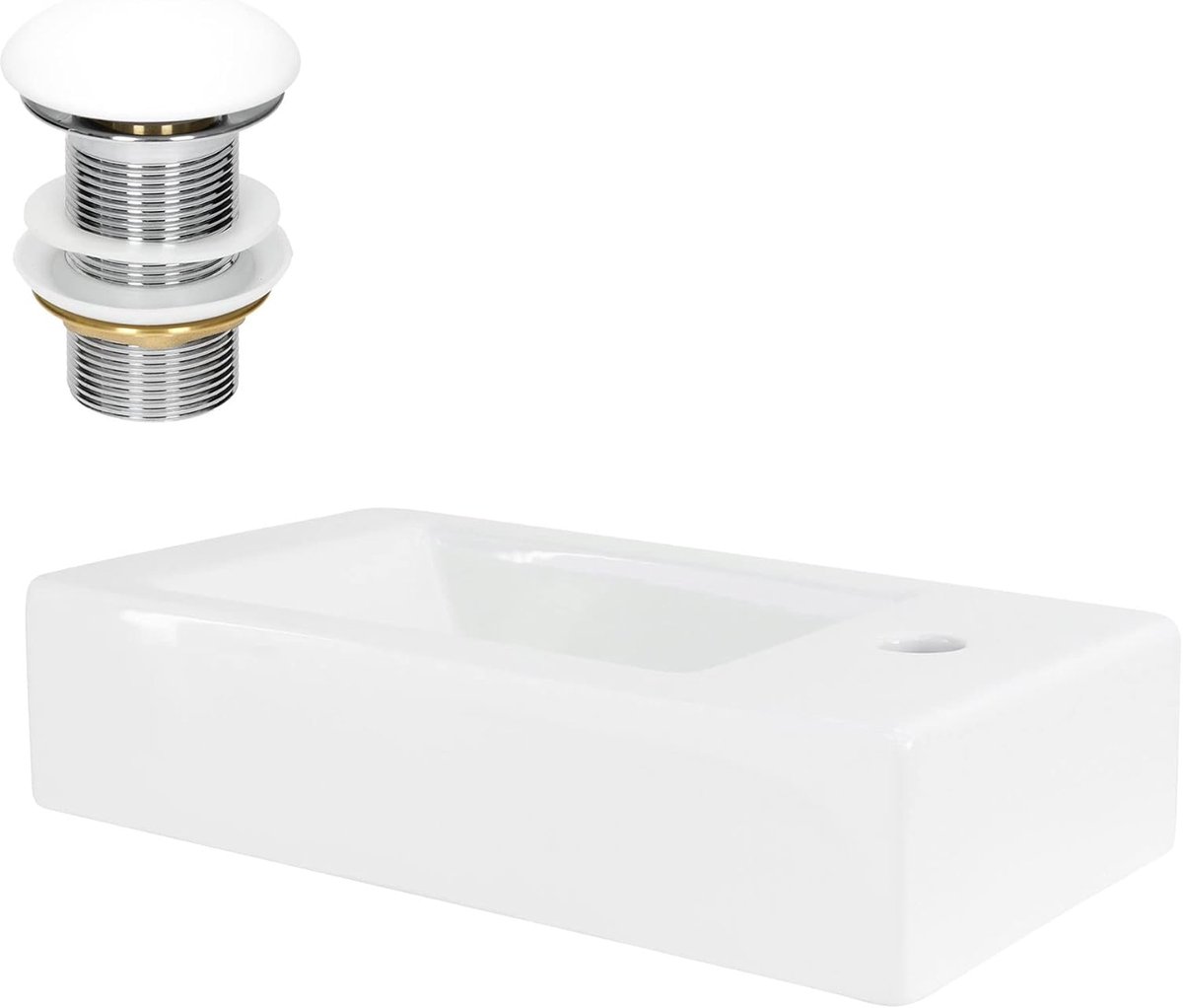 Keramische Hoekwastafel - Handwasbak Hoekmodel - Badkamer Gastentoilet - Inclusief Afvoerset - 46x26x11 cm - Wit Glanzend