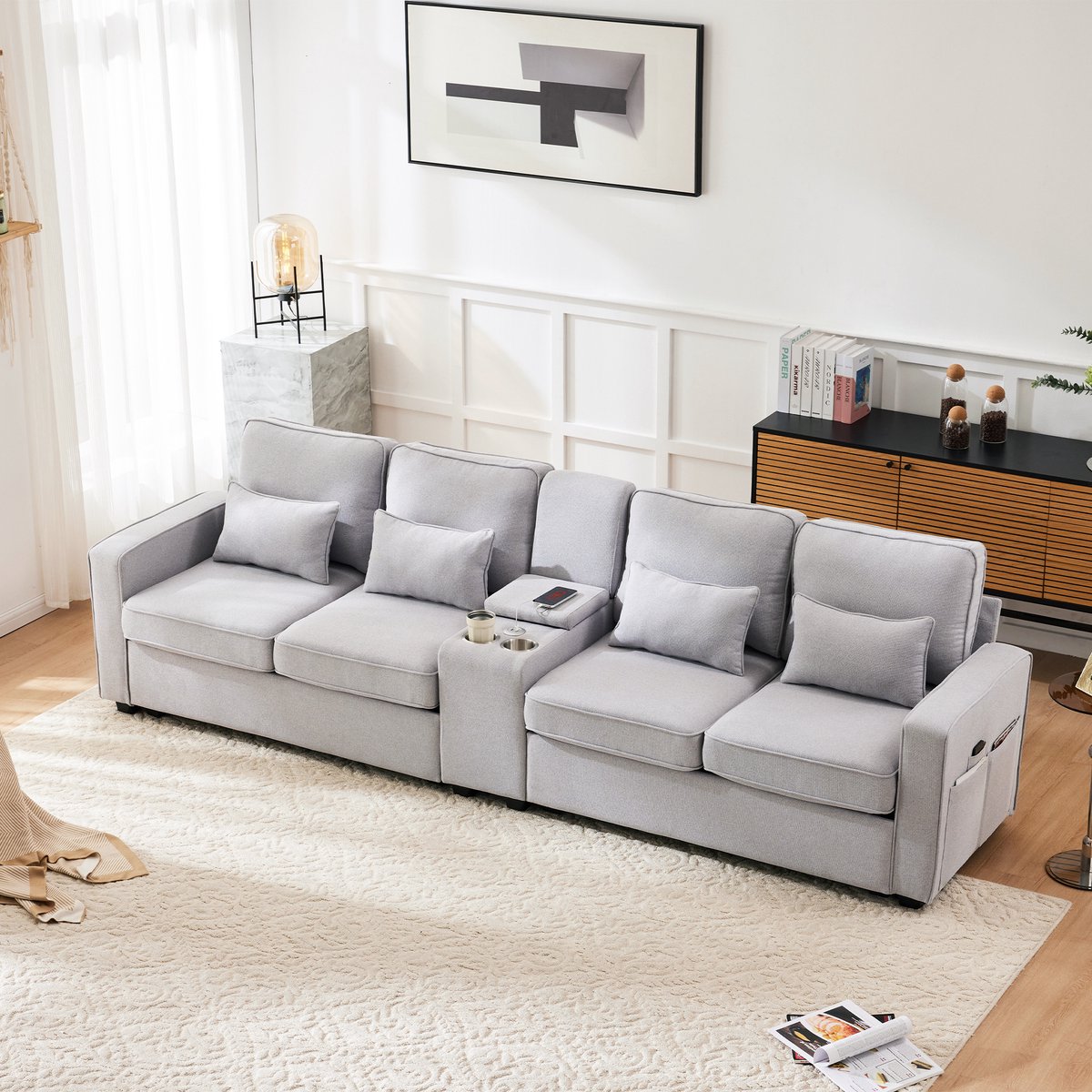 MODENUIT Sofa 290 Cm - 4-Zits Met USB, Opbergconsole, Bekerhouders En Zijvakken - Voor Woonkamer - Linnen Grijs
