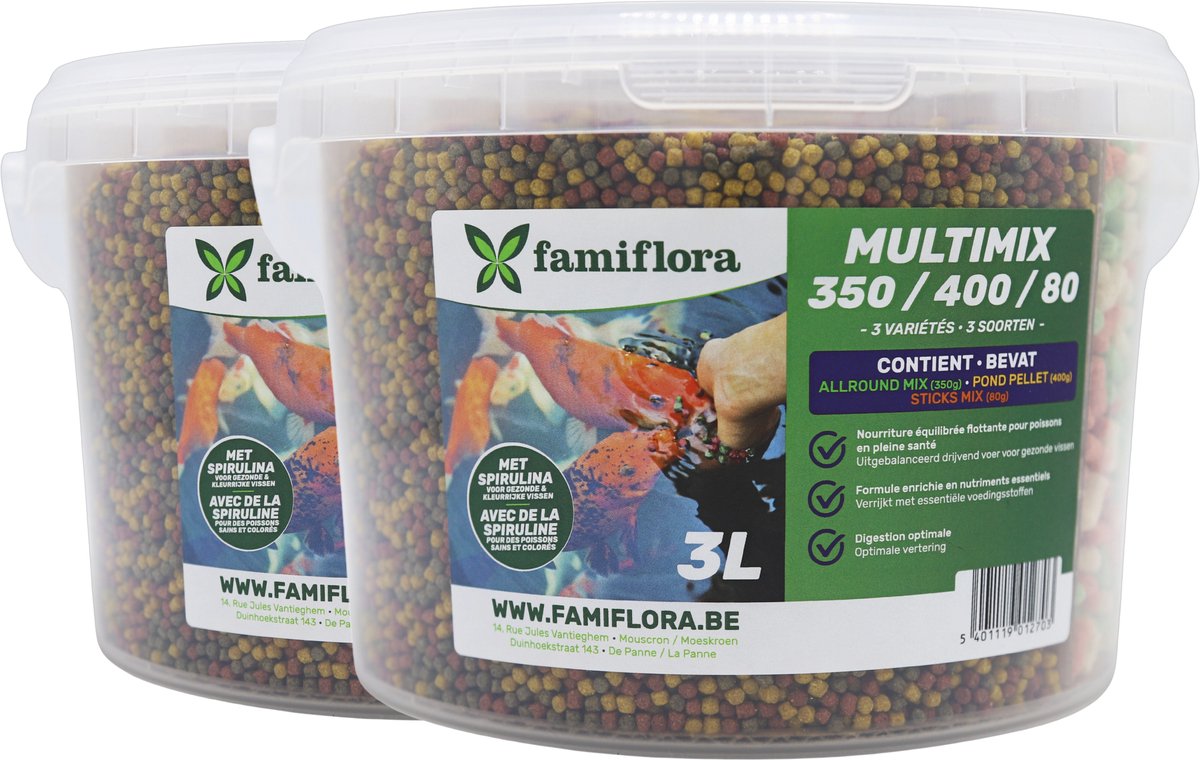 Famiflora Multimix Alpostic - 2x 3L (830g) - 3-Kleuren Vijversticks - Drijvend Visvoer - Compleet & Energierijk - Met Tarwekiemen - Drijvend allround visvoer - Mix van pellets & sticks