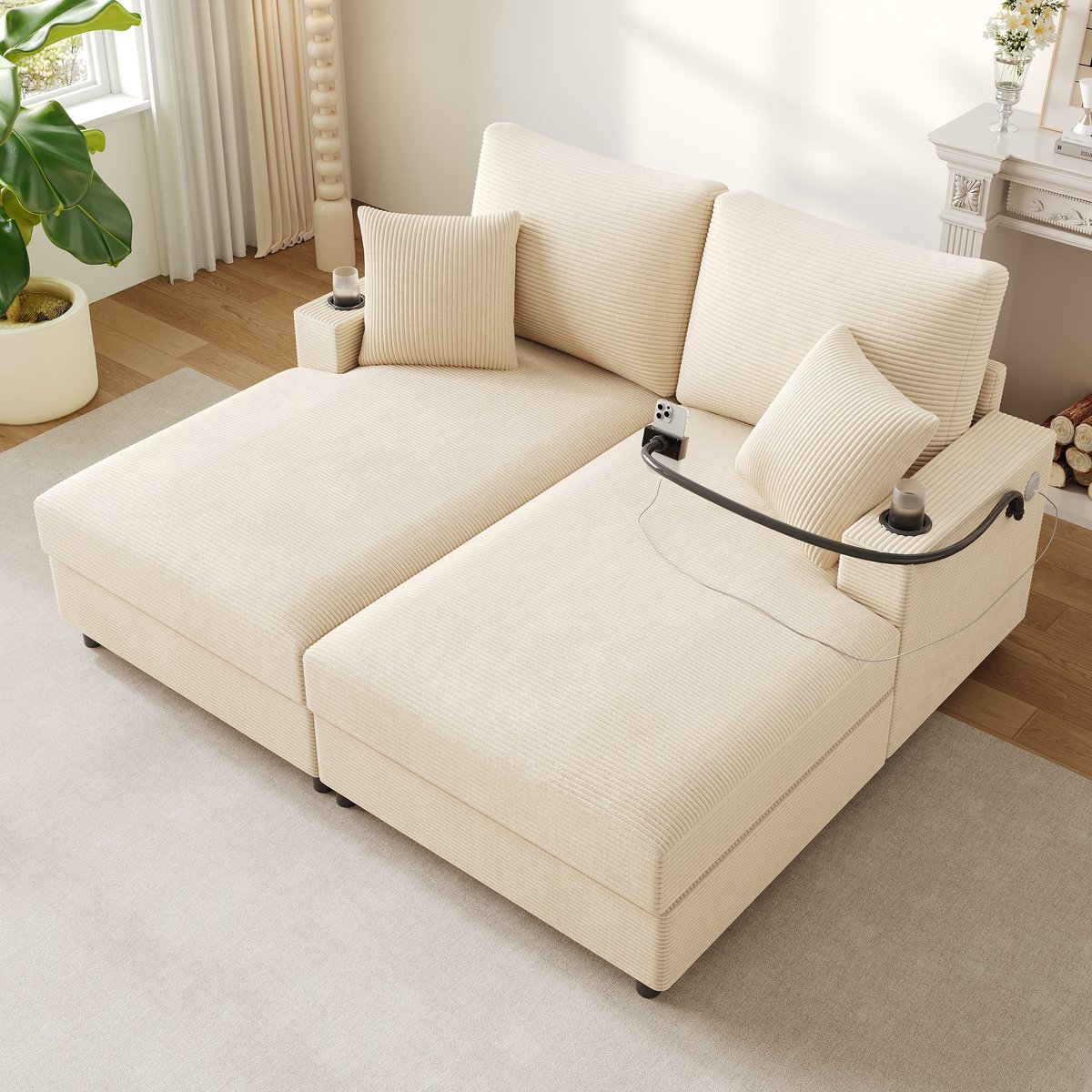 MODENUIT Slaapbank 163 x 140 x 82 cm - Met Usb-C, Telefoonhouder en Bekerhouders - Voor Woonkamer - Cord Beige