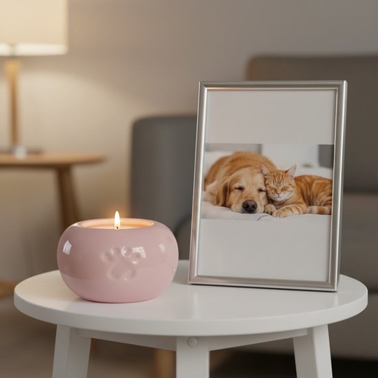 Brandende roze waxinelichthouder met pootafdruk naast een fotolijst van een slapende hond en kat.
