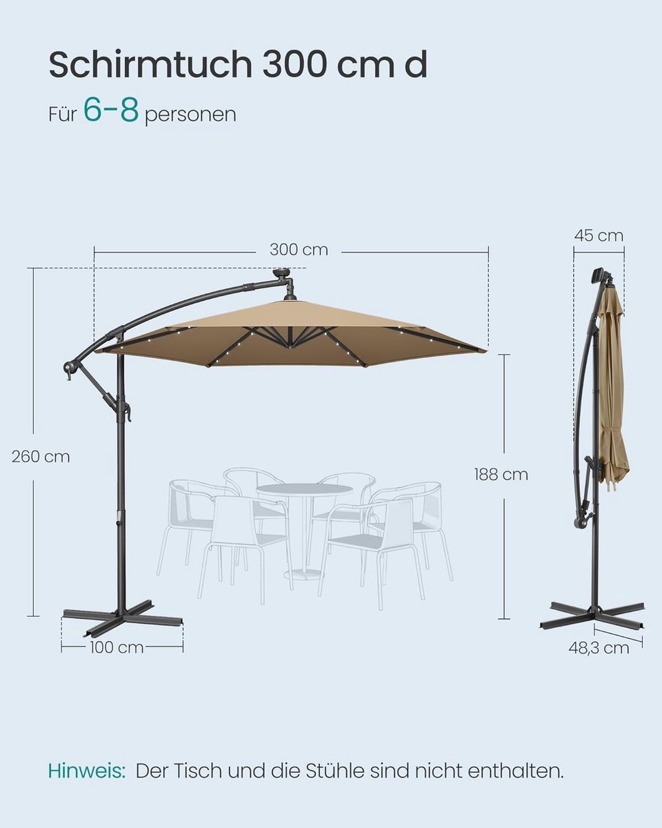 Balkonparasol Rond LED Zonne-energie Bellavero Ø 270 cm – Tuinparasol met 32 LED Lampjes, Kantelbaar 30°, UV50+ Bescherming, Waterafstotend & Windbestendig, Zonder Voet – Beige – Voor Tuin, Terras ...