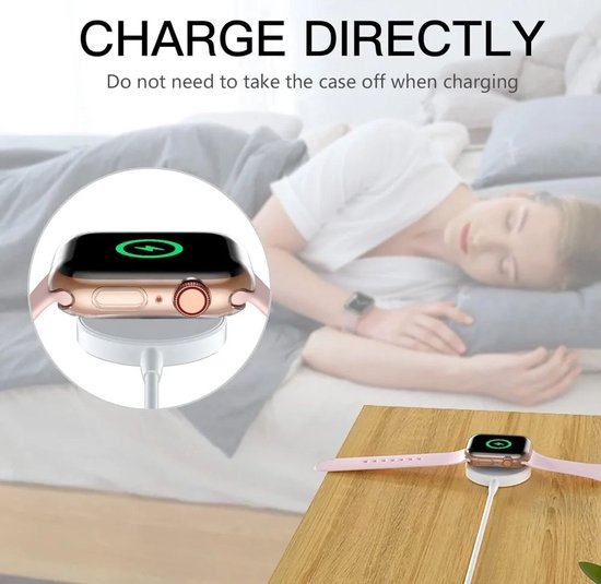 Horloge met roze bandje op oplader, met tekst 'CHARGE DIRECTLY'.