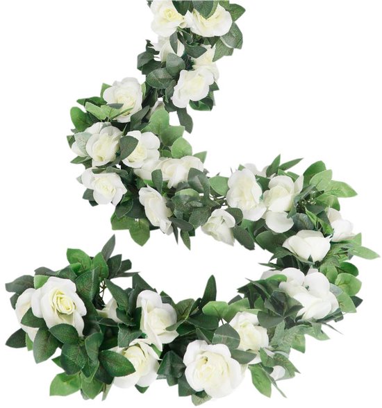 2 Pièces Guirlande de roses artificielles - Guirlande de fleurs en soie synthétique avec plantes vertes - Guirlande de fleurs suspendue pour mariages, maison, bureau et comme décoration pour une arche, 220 cm
