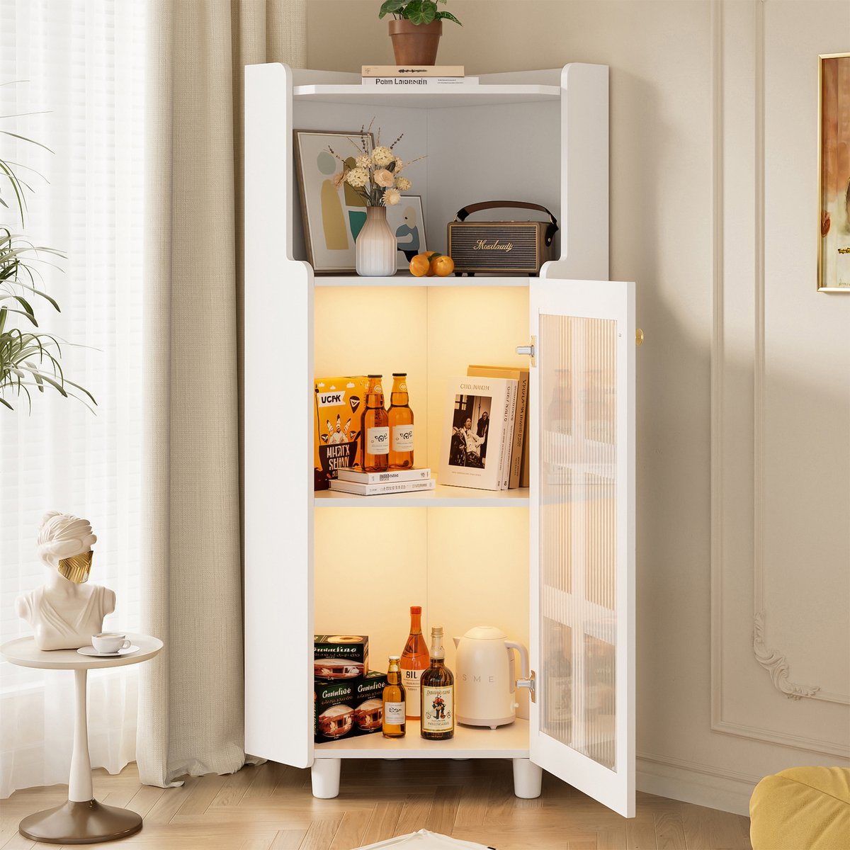 MODENUIT Hoekkast - Met Ledverlichting En Open En Gesloten Opbergruimte - Voor Badkamer En Woonkamer - Wit MDF - 63,5x124 Cm