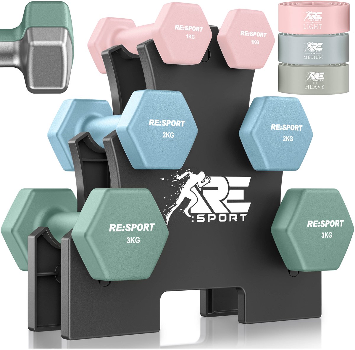 RE:SPORT® Halter Set 3 Paar 1kg–3kg, 12kg met Standaard & 3x Fitnessbanden | Antislip Neopreen Dumbbells voor Dames & Heren | Halters Halterset