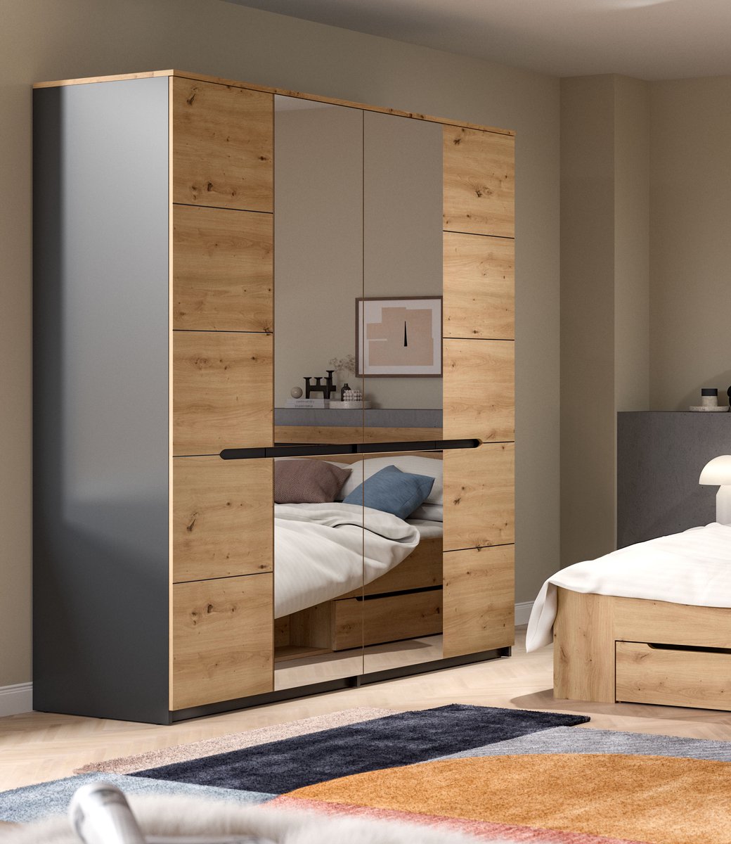 Furnilux Moderne 4-deurs kledingkast met spiegels - Ruime opbergoplossing voor je slaapkamer - 180x198x59cm Bruin