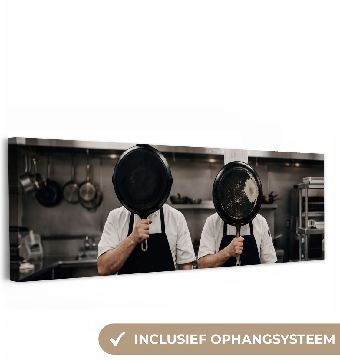 Canvas schilderij 300x100 cm - Exclusieve wanddecoratie Koks - Koekenpannen - Keuken - Muu