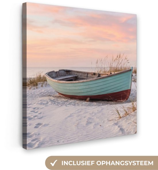 Canvas schilderij 90x90 cm - Exclusieve wanddecoratie Rustiek - Roeiboot - Zandstrand - Muurdecoratie woonkamer - Slaapkamer decoratie - Kamer accessoires - Schilderijen op canvas