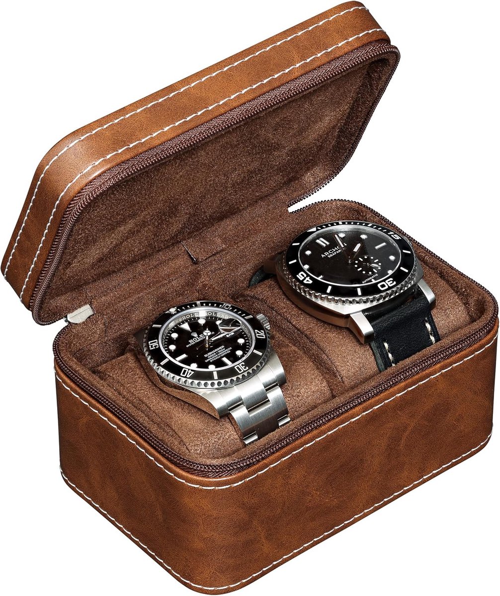 Horlogedoos - Reisdoos - Veilig opbergen - Voor twee horloges - 13x8.9x7.6 cm - Bruin