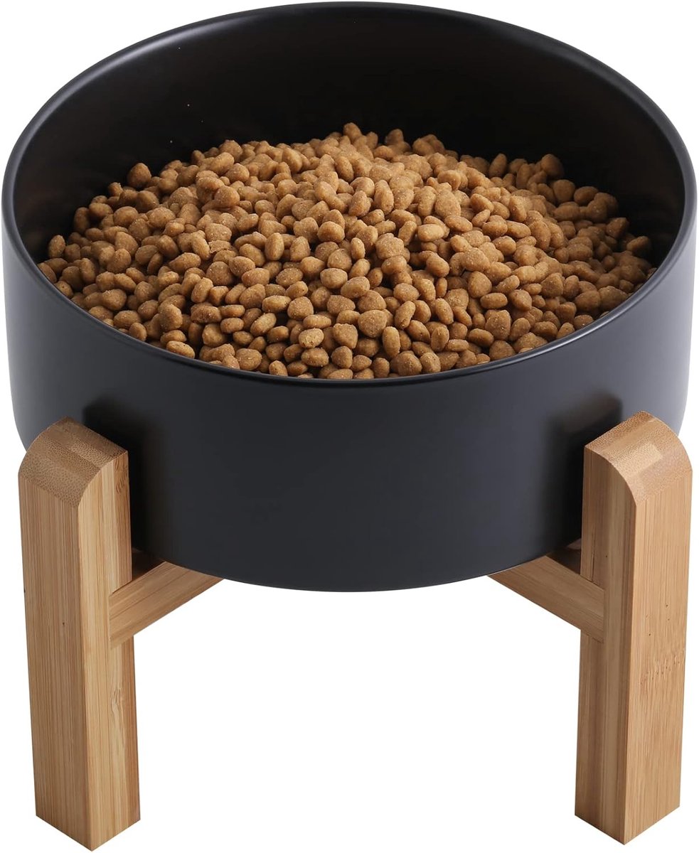 Verhoogde Hondenbak - Voerbak Hout - Grote Honden - Antislip Keramiek - 20x20x8 cm - Zwart