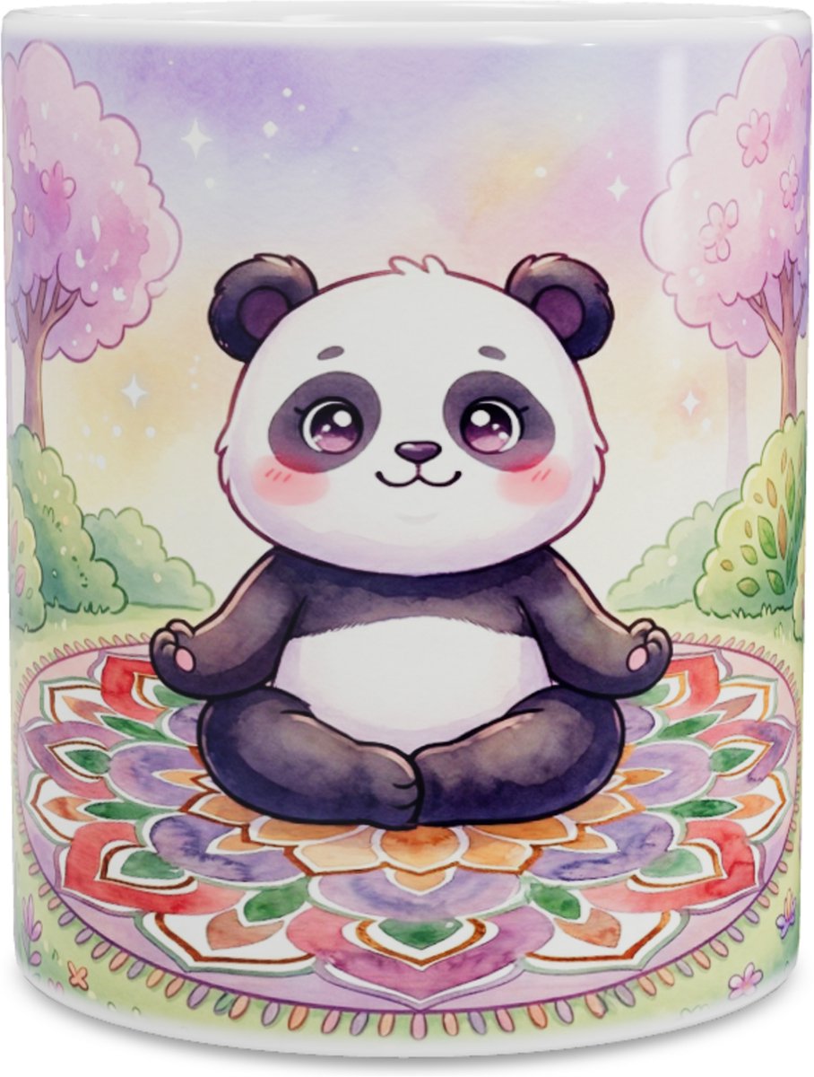 Lieve Kawaii Series Yoga Panda Koffiemok met Mandala, Kersenbloesem, Vijver met Vis & Bosgeestjes - Meditatie Theebeker voor Ontspanning Thuis of op Kantoor - Cadeau voor haar: Dochter, Vrouw, Vriend(in) of Collega