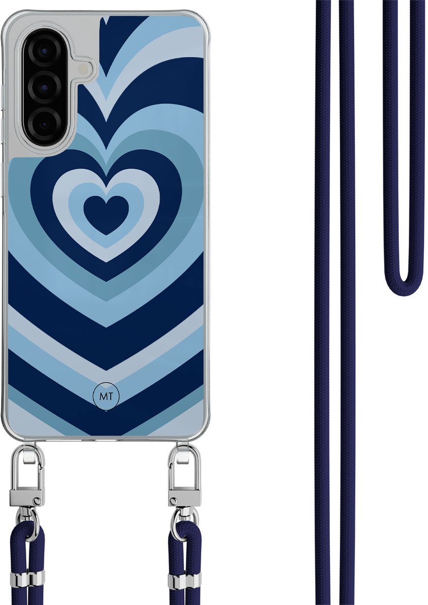 Hoesje met koord geschikt voor Samsung Galaxy A36 - Hart blauw - Inclusief Donkerblauw koord - Crossbody beschermhoes - Transparant, Blauw - Mooie Telefoonhoesjes