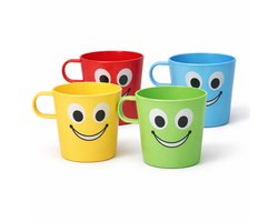 Set van 4 Kinderbekers met Handvat – 270 ml – Smiley Bekers – Kunststof – 4 Kleuren – Vaatwasserbestendig