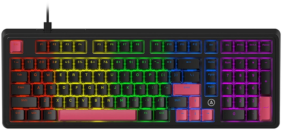 AJAZZ AK980 98% bedraad mechanisch toetsenbord, US QWERTY-indeling, gasket-mount, regenboogachtergrondverlichting - hot-swap ondersteuning - rode switch - zwart en roze