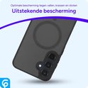 Zwarte matte beschermhoes met MagSafe-ring en camera-uitsparing. Titel: 'Uitstekende bescherming'.