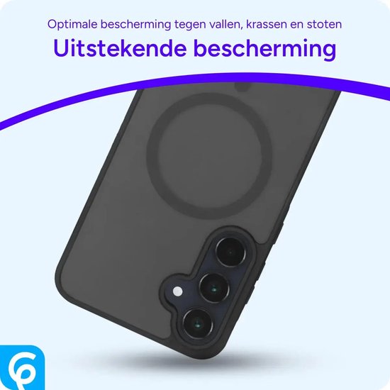 Zwarte matte beschermhoes met MagSafe-ring en camera-uitsparing. Titel: 'Uitstekende bescherming'.