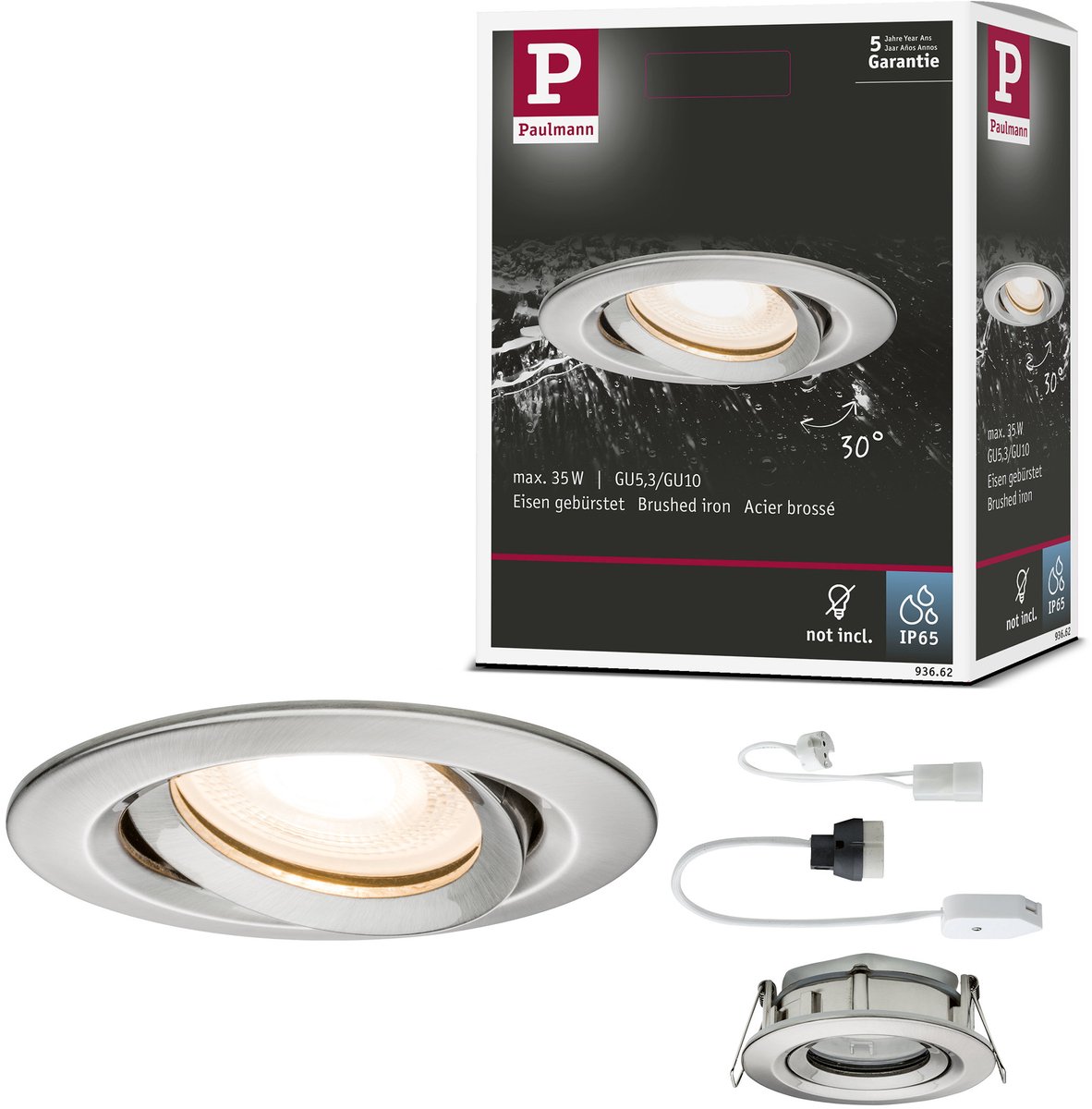 Inbouwlamp Nova Plus zwenkbaar IP65 rond 93 mm 30° GU5,3 / GU10 max. 35W 230/12V dimbaar Staal geborsteld