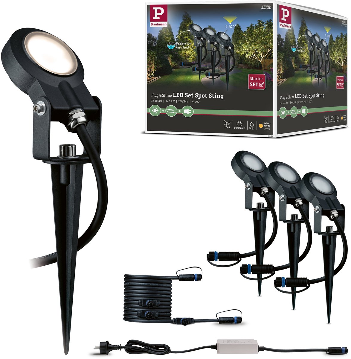 Paulmann Plug & Shine Basisset grondpen Sting-IP67-3000K-3x6W-dimbaar