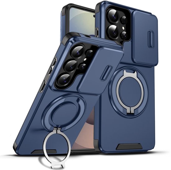 Blauw telefoonhoesje met ringhouder, schuifkap voor camera en stevige zijkanten.