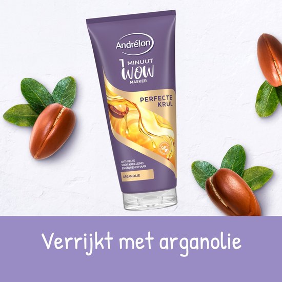 Een paarse tube "Andrélon 1 Minuut WOW Masker Perfecte Krul" omringd door argannoten en groene blaadjes. Text van "Verrijkt met arganolie".