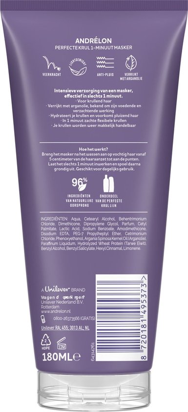 Paarse tube met de tekst "Andrélon Perfecte Krul 1 Minuut Masker".