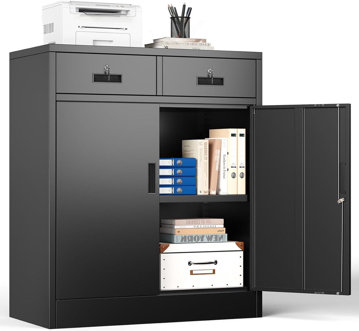 Metalen Opbergkast - Afsluitbare Kast - Kantoor Garage - Verstelbare Plank - 90x80x40cm - Zwart