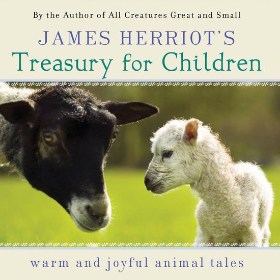 Boekomslag van James Herriot's Treasury for Children met een zwart schaap en een lammetje op een groen veld. Tekst: "warm and joyful animal tales".