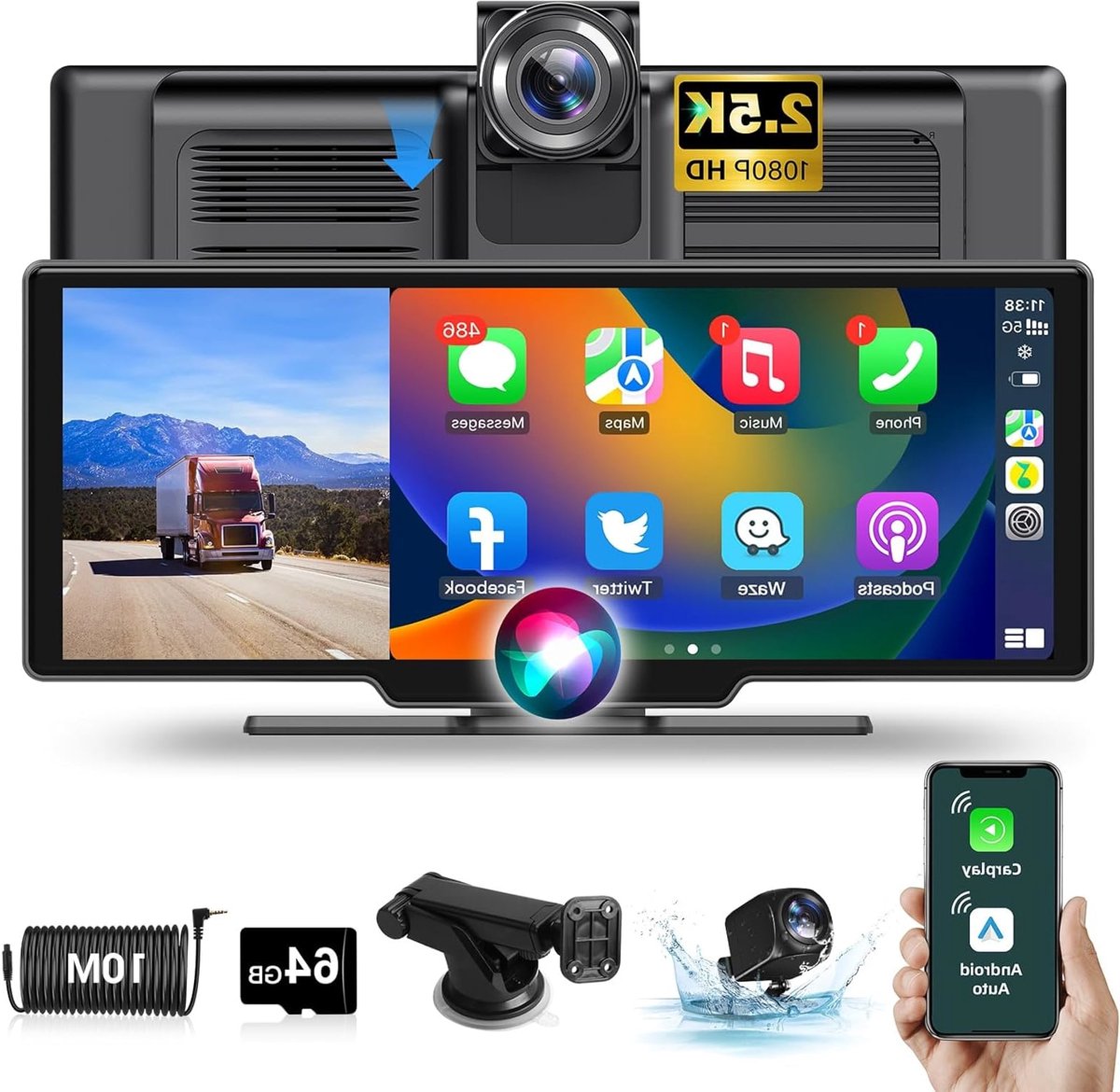 Draadloos Apple Carplay Display – Android Auto Scherm – Auto Infotainmentsysteem – Touchscreen Navigatie – Dashcam Voor en Achter – 10,26 Inch HD IPS – 2,5K Frontcamera & 1080p Achteruitrijcamera – Bluetooth 5.0 & 64GB TF-kaart