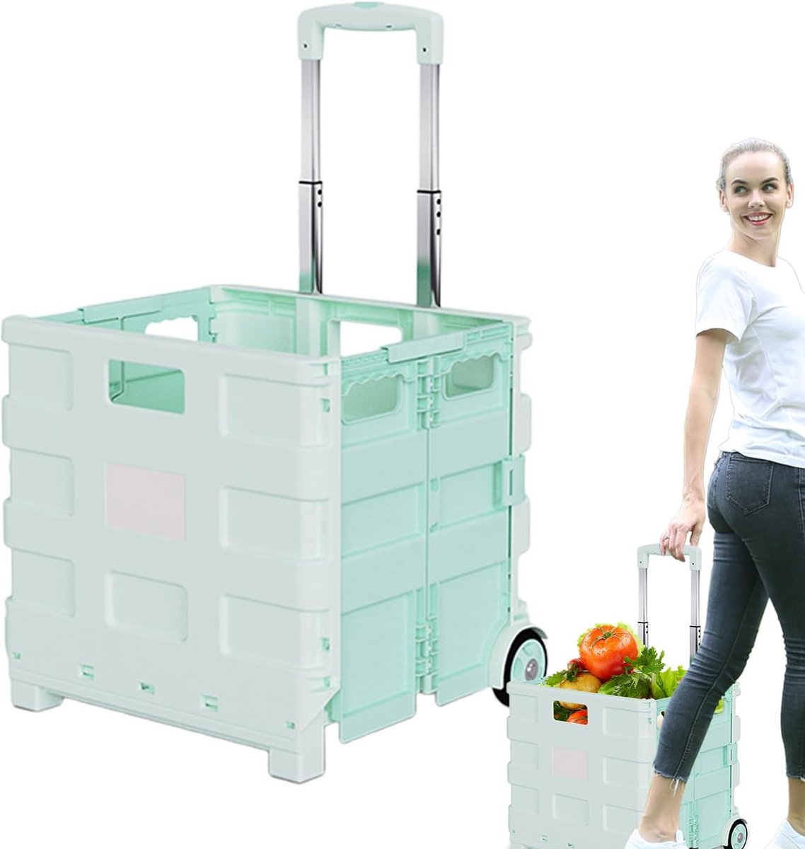 Krat op Wielen - Draagbare Kar - Boodschappen Winkel - Lichtgewicht Ontwerp - 38x36x30cm - Groen