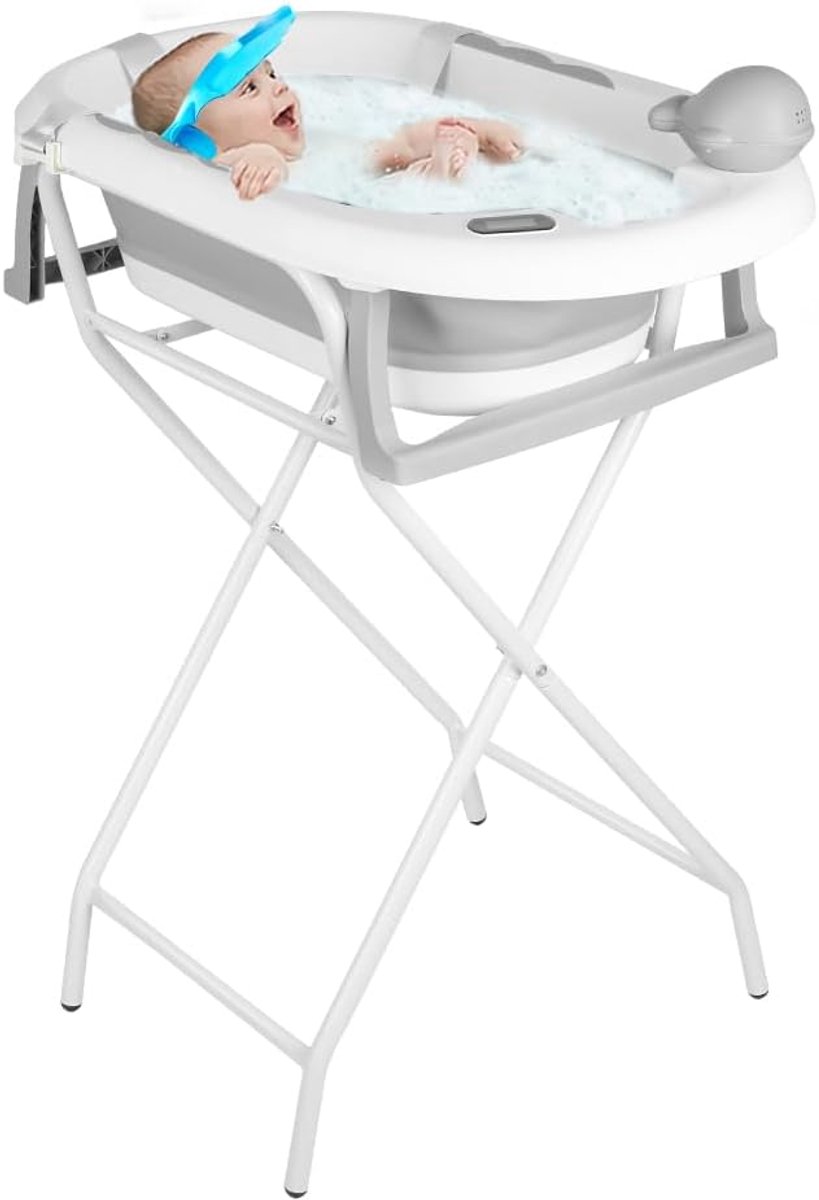Babybad met standaard - Ergonomisch badje - Veilig badderen - Inclusief steunframe - 815 x 48 x 21 cm - Grijs