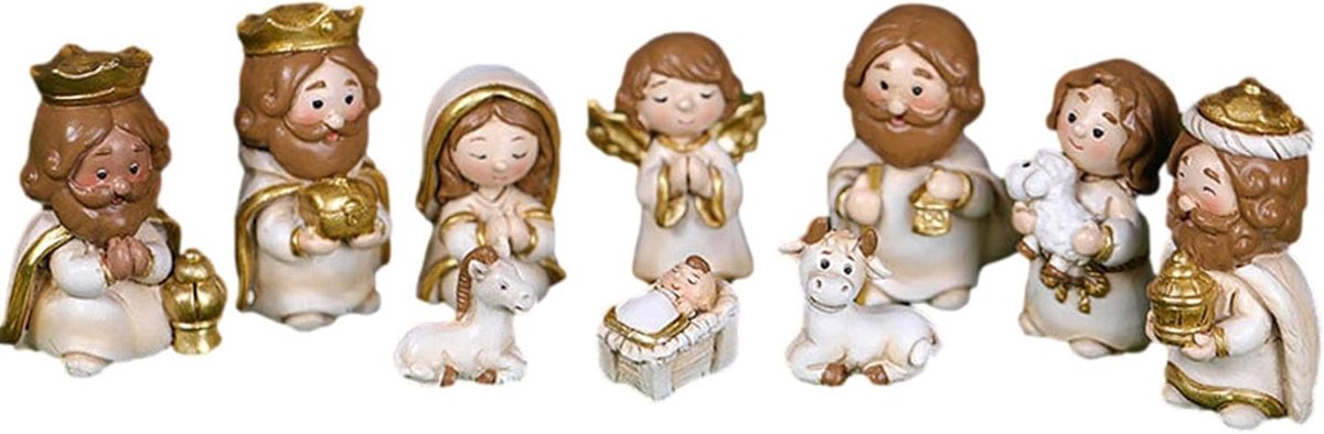 Miniatuur Kerststal Set, 10 Delig, Wit Hars