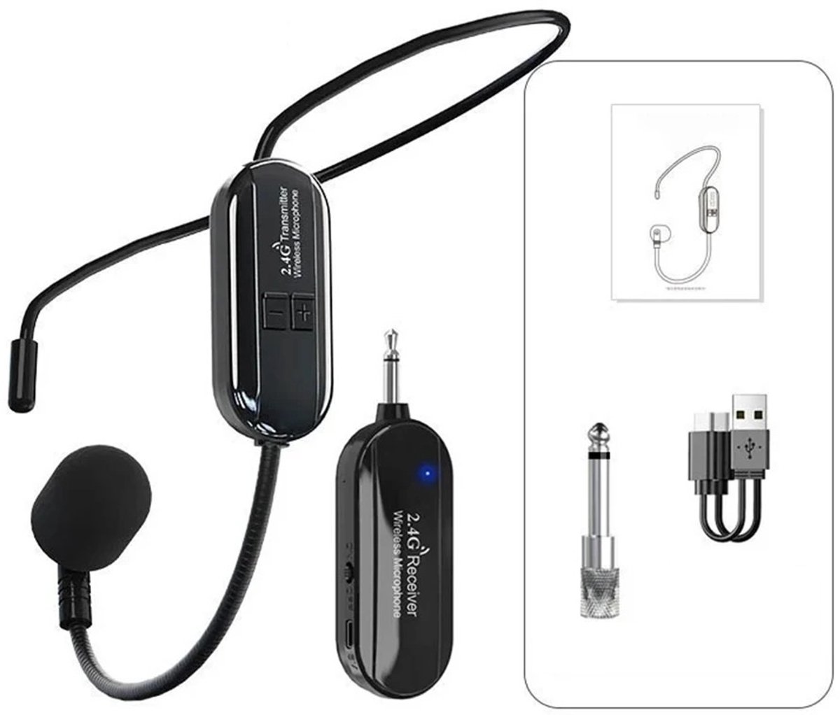 WiseGoods Premium Draadloze Microfoon Headset 2.4G Oplaadbaar Met 50M Bereik Voor Sprekers / Gidsen & Fitness Instructeurs - Zwart