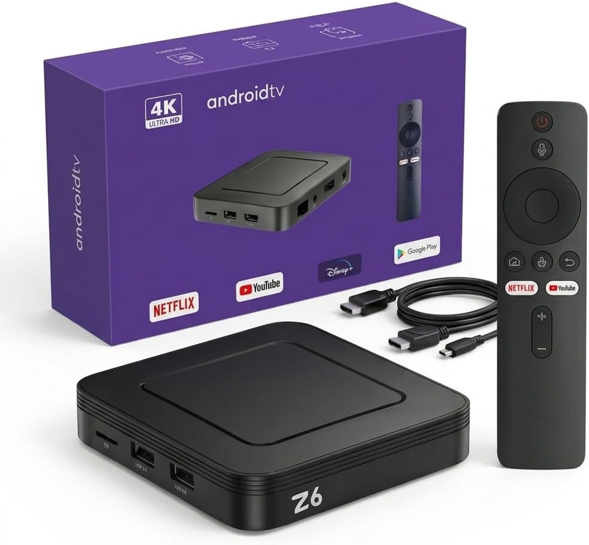 Android TV Box - Smart Media Player - 4K Streaming - Voice Remote Control - 11x11x3.5cm - Black