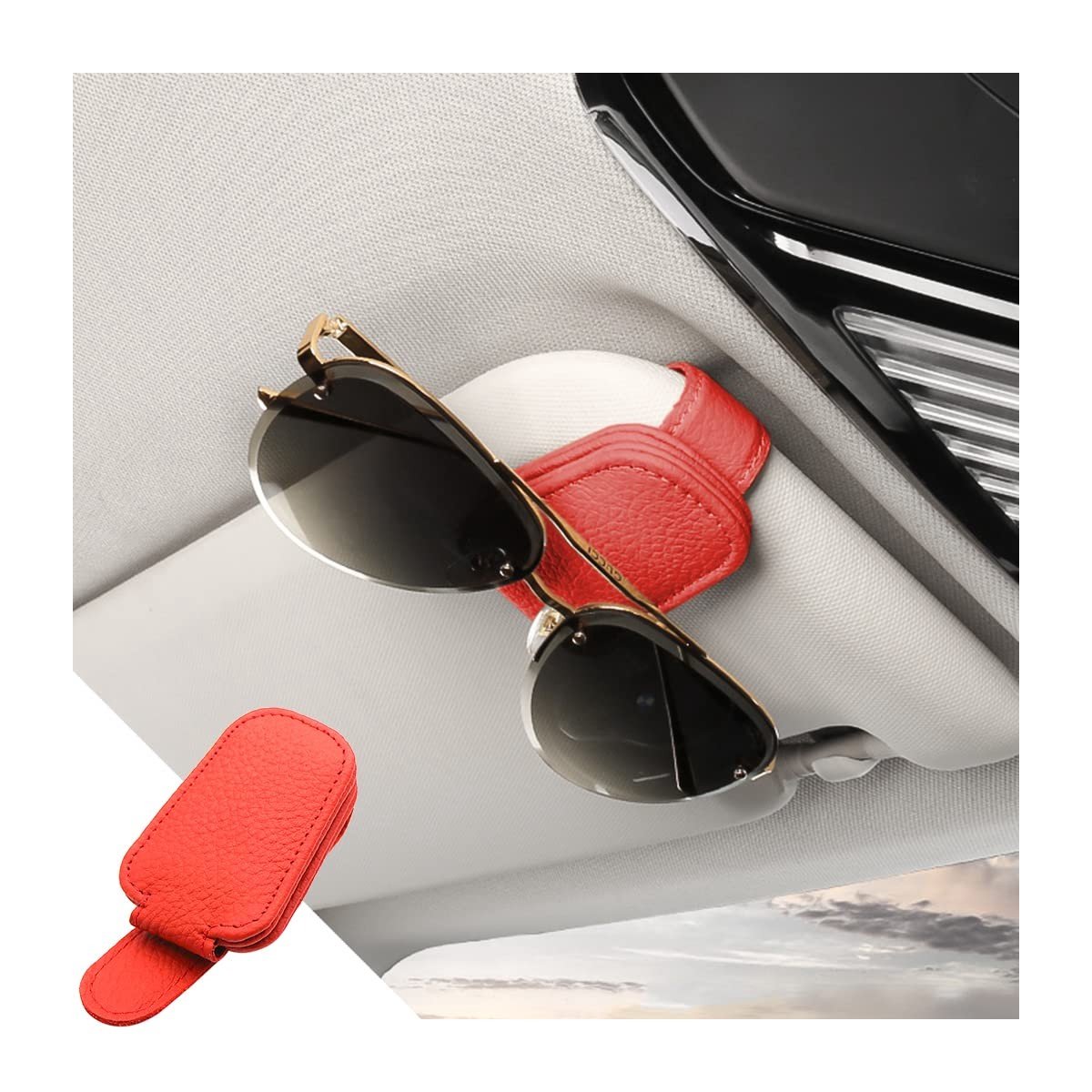 Allecto - Auto brilhouder - Zonnebril opberger - Universeel - Rood - Auto accessoires - Kaarthouder - Lederen - Geschikt voor alle auto's - Zonnebr...