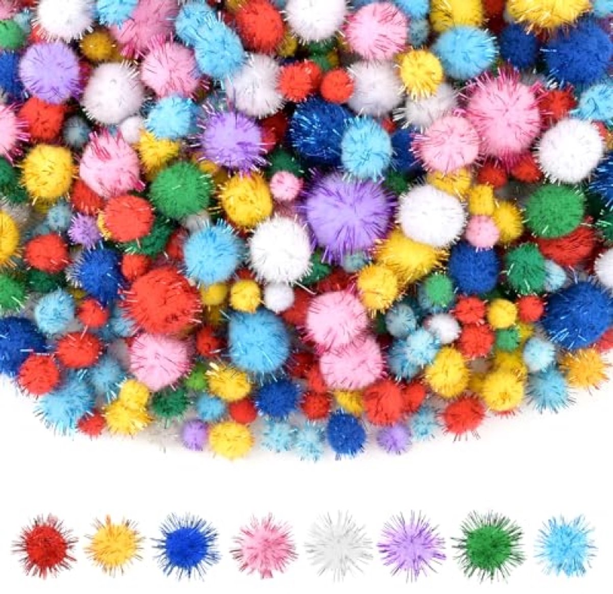 Grote set glitterpompons voor creatieve projecten, 1000 stuks in 4 maten met opbergtas