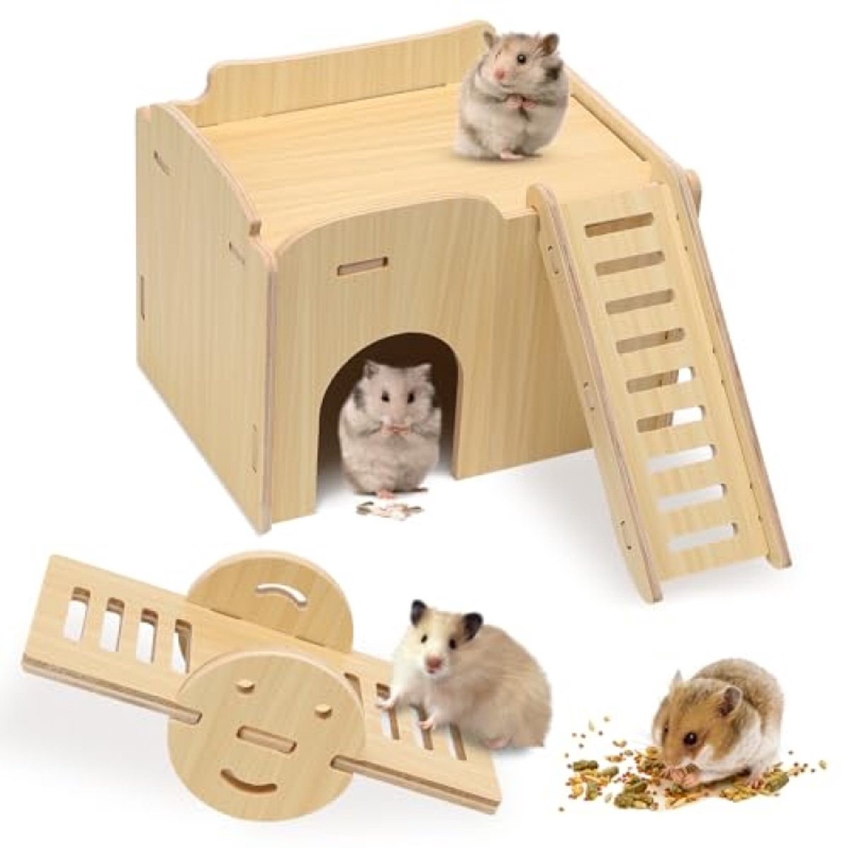 Houten hamsterverblijf met speelplatform en wip - Knabberbestendig dierenhuis voor knaagdieren