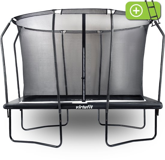 VirtuFit Rechthoekige Trampoline met Veiligheidsnet - 213 x 305 cm - Incl. Beschermrand en Gratis Trapje - Extra Veilig - Water- en UV-bestendig - Max. 150 kg - Voor Kinderen en Volwassenen - Zwart