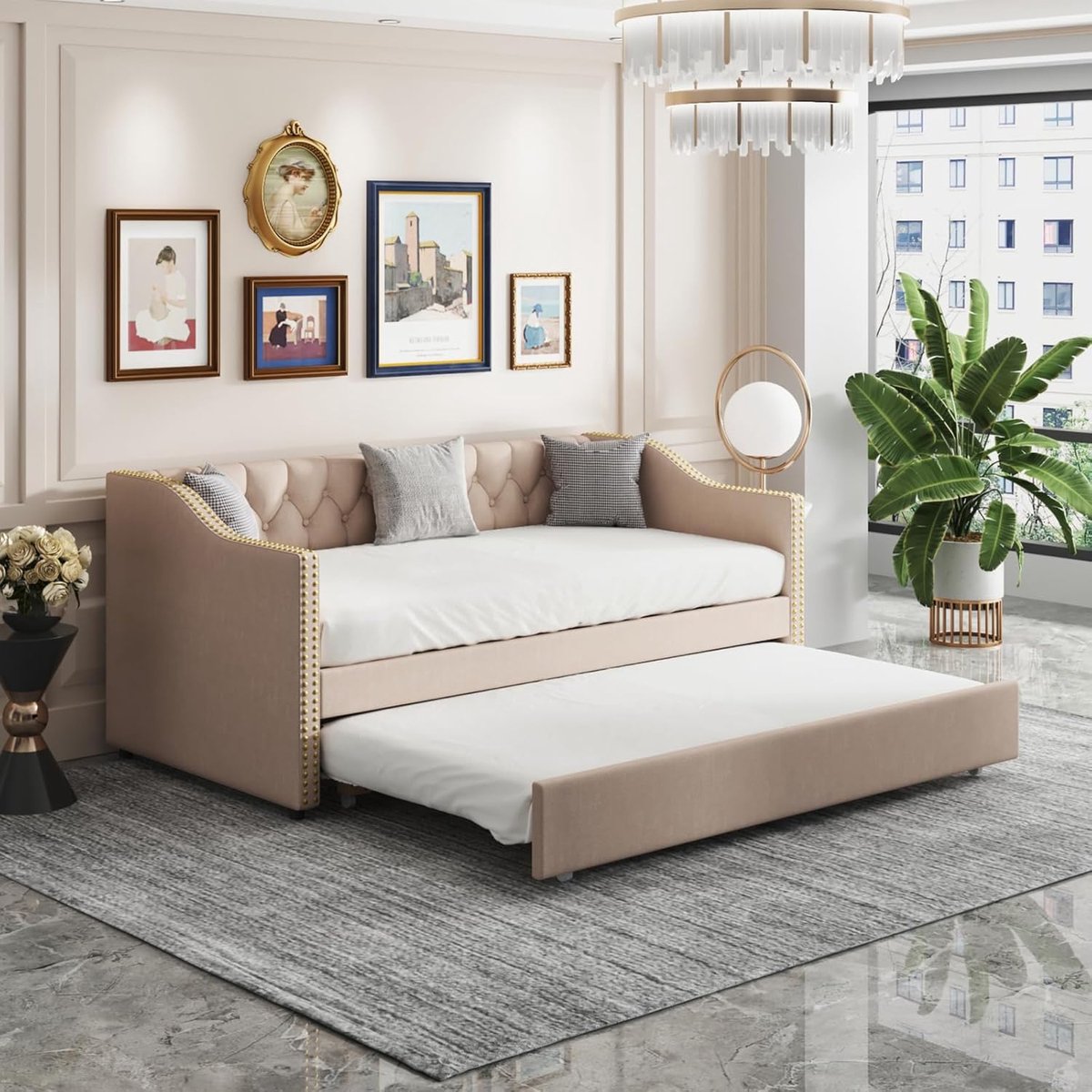 Gestoffeerd Kinderbed - Uitschuifbare Slaapbank - Logeerbed - Duurzaam Linnen Stof - 90x200 - Beige