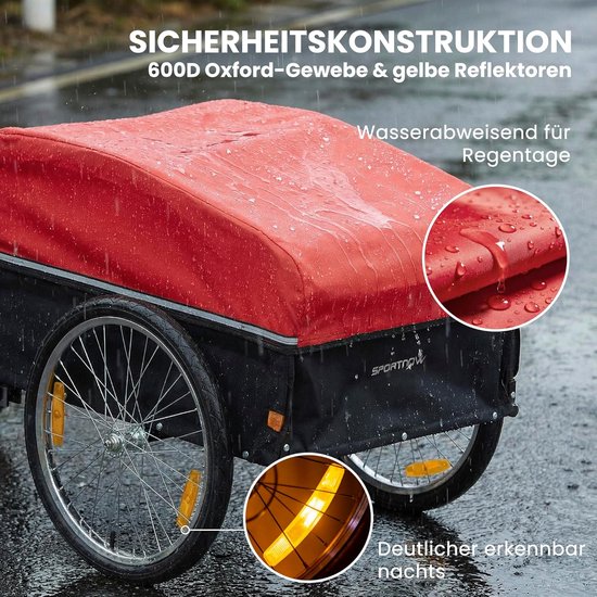 Fietskar - Transportkar Aanhanger - Boodschappen Vervoeren - 170 Liter Opslagruimte - 143 x 74 x 71 cm - Zwart Rood — afbeelding 4