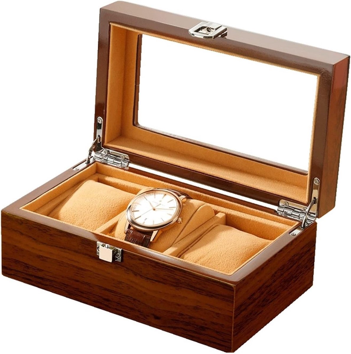 Horloge Opbergdoos - Watch Organizer - Sieraden Opslag - Met Glazen Deksel - 3 Slots - Bruin