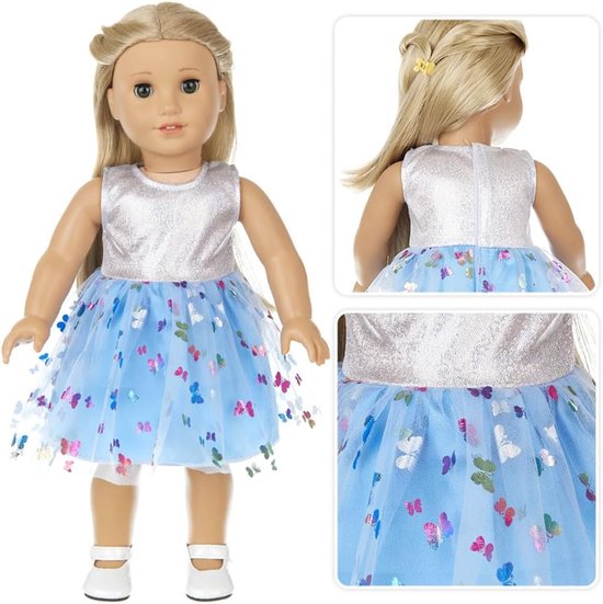 Poppenkleding Set - Jurk en Mantel - Poppen Aankleden - Met Vlinderprint - 43-46 cm Poppen - Blauw — afbeelding 4