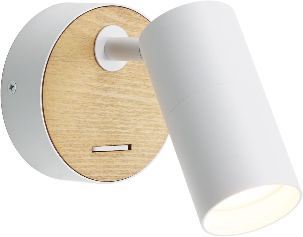 Wandlamp - Industriële lamp - Lezen & Sfeerverlichting - Draaibare spot met houtaccent - 6x10x11 cm - Wit