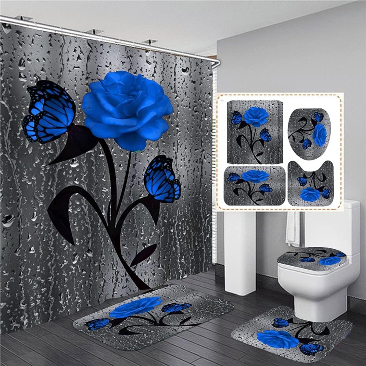 4-delige Badkamerset 3D Rozenprint Blauw - Waterdicht Douchegordijn, Badmat & Toiletbrilhoes-Belle's product