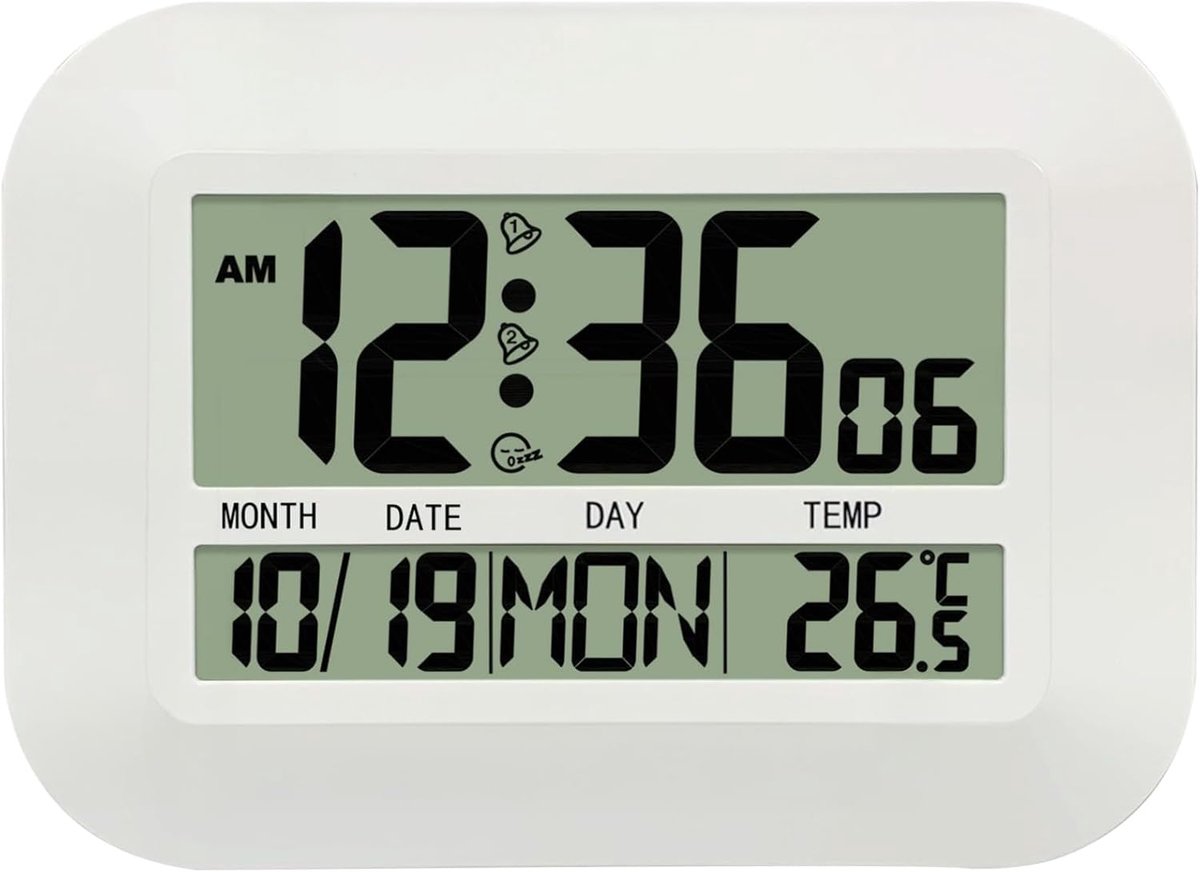 Digitale Klok - Kalender Display - Tijd & Temperatuur - Duidelijk Afleesbaar - 25 x 19 cm - Wit