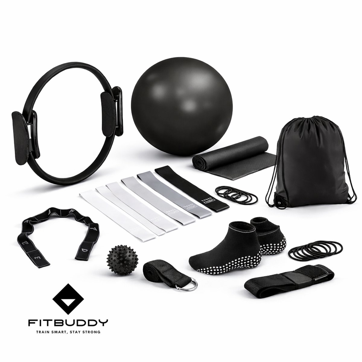 FitBuddy 18-delige Pilates Set – Pilates Ring, Weerstandsbanden & Accessoires – Thuis Fitness, Yoga & Core Training – Incl. Opbergtas