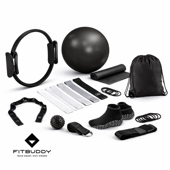 FitBuddy 18-delige Pilates Set – Pilates Ring, Weerstandsbanden & Accessoires – Thuis Fitness, Yoga & Core Training – Incl. Opbergtas