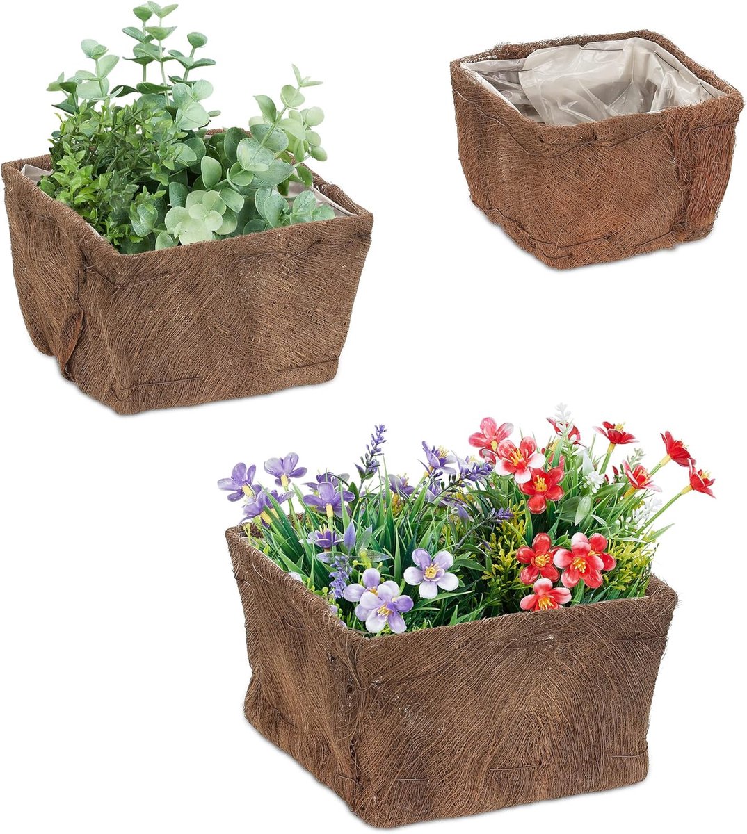 Famanu – Bloempot set van 3 kokosvezel vierkant met binnenfolie voor tuin balkon en vensterbank